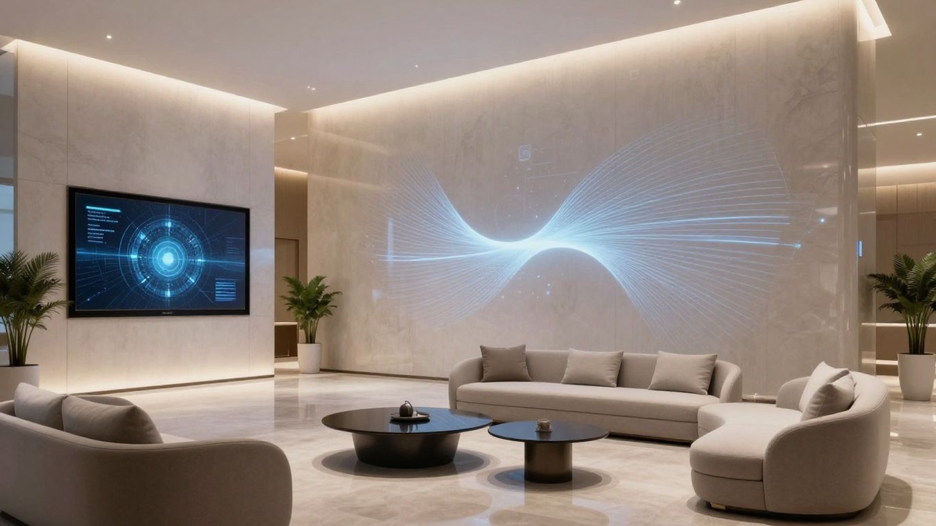 Modern hotel lobby with integrated AI elements.