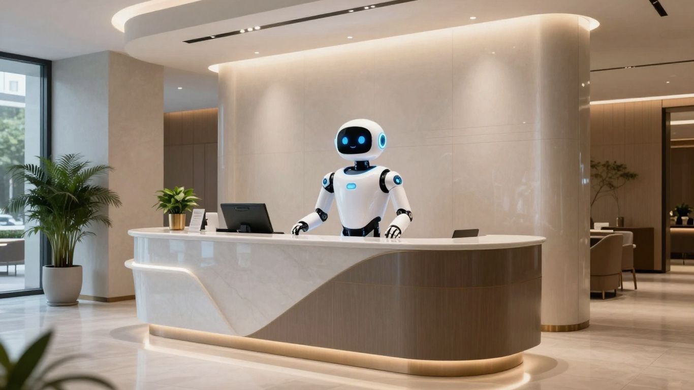 AI robot assistant in a modern hotel lobby.
