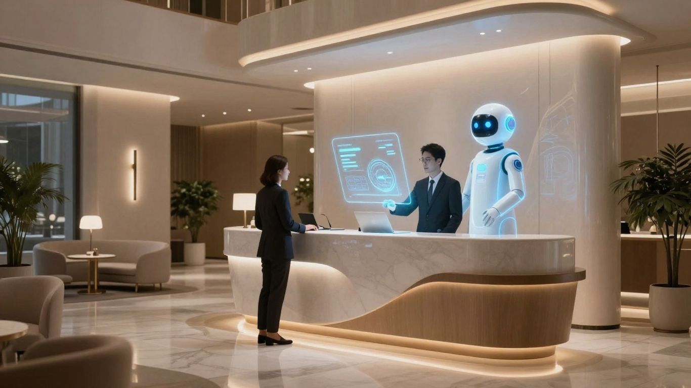 Futuristic hotel lobby with AI assistant