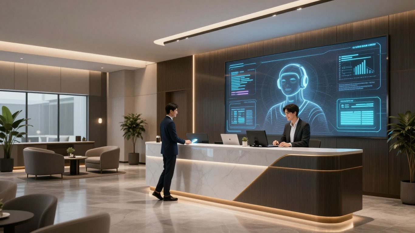 Hotel lobby with AI assistant helping a guest.