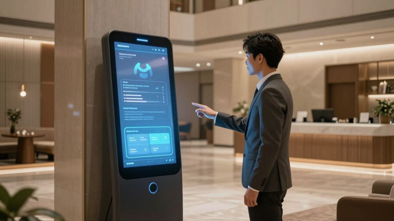 AI assistant helping a hotel guest in a modern lobby.