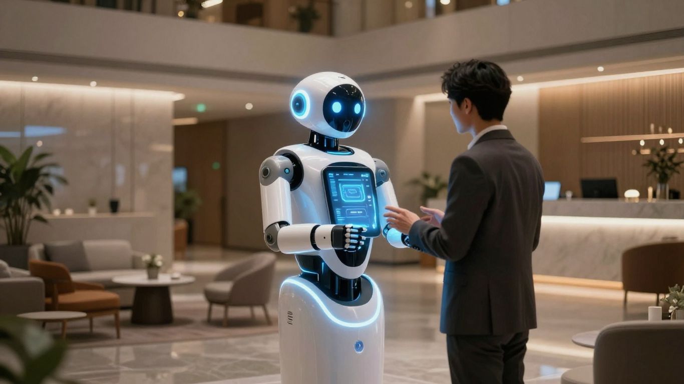 AI robot assisting a guest in a modern hotel lobby.