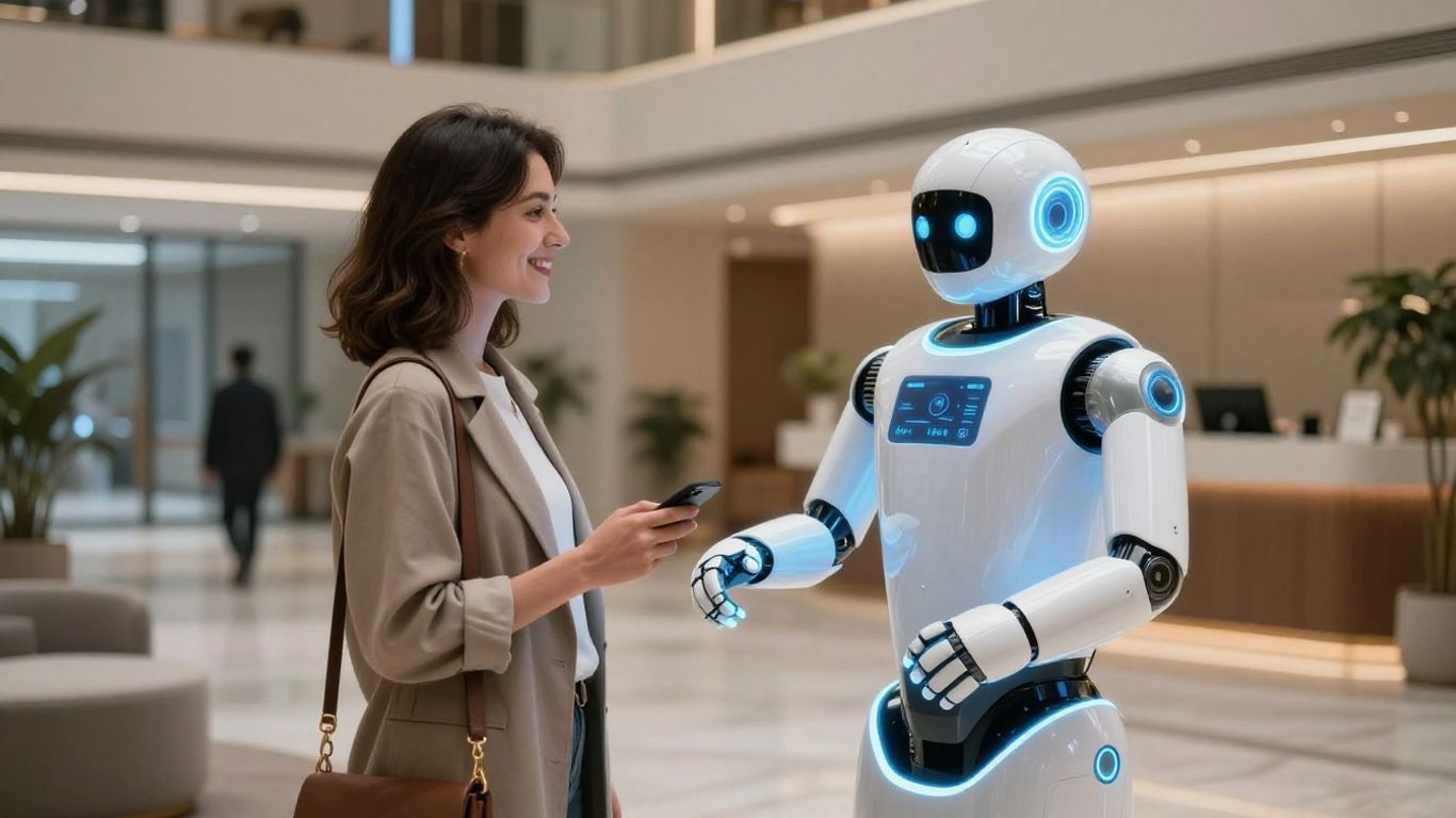 AI robot assisting a guest in a modern hotel lobby.