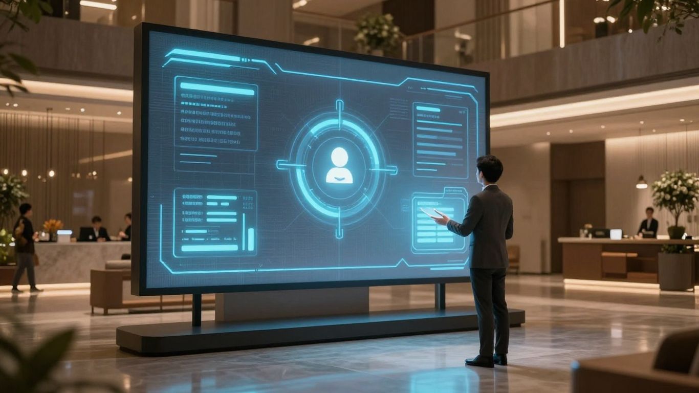 Hotel guest interacting with AI assistant on screen.