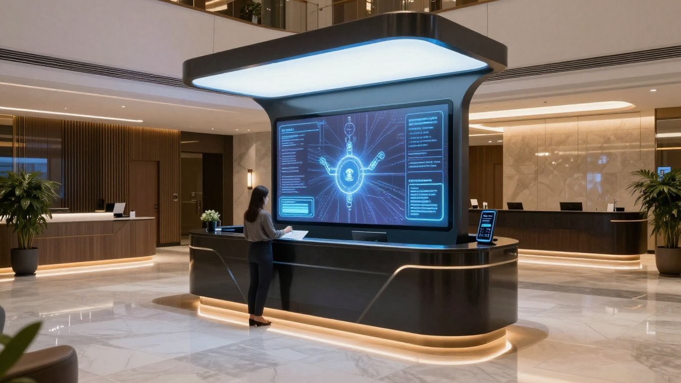 AI receptionist assisting hotel guests in a modern lobby.