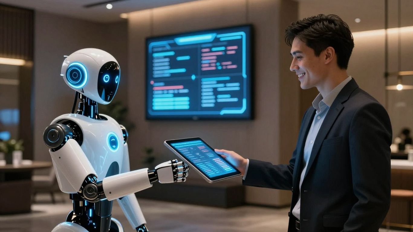 AI system assisting a hotel guest with a tablet.