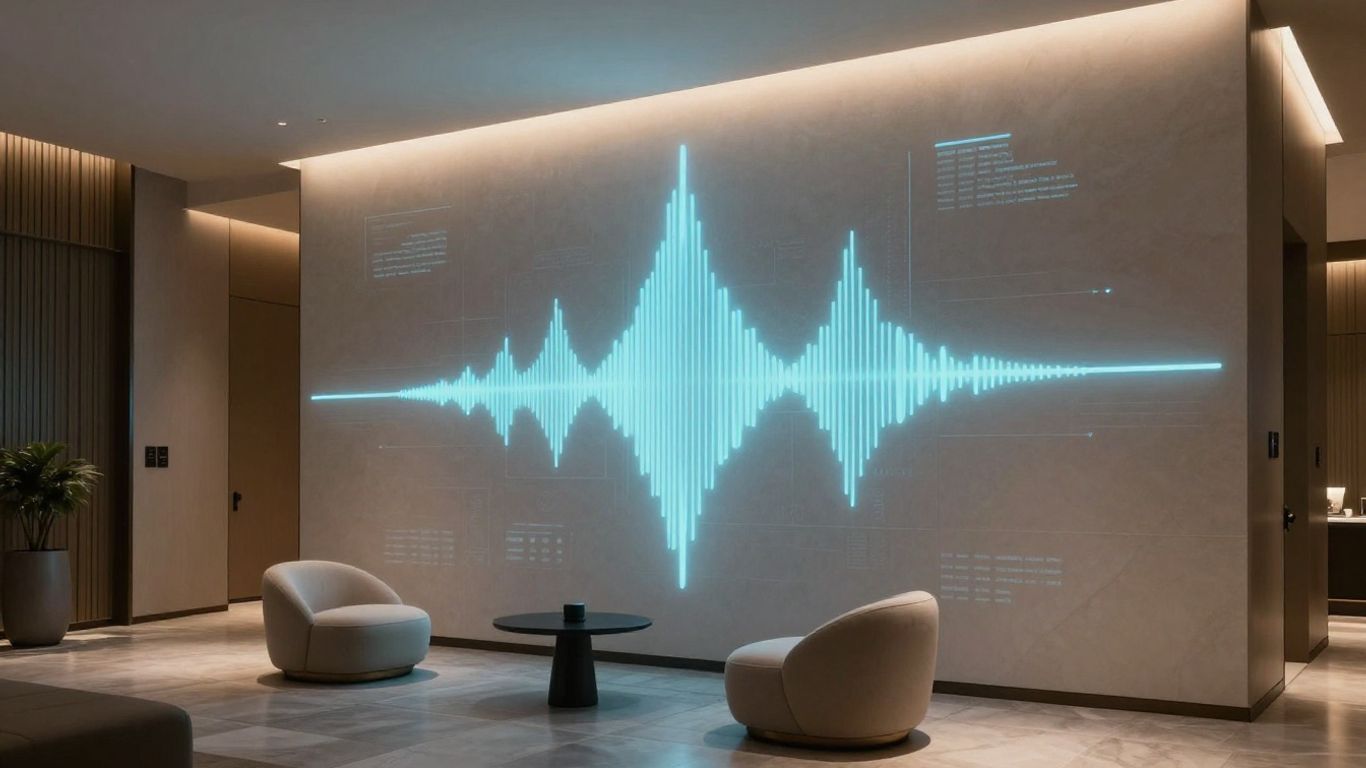 AI voice agent interface in a modern hotel lobby.