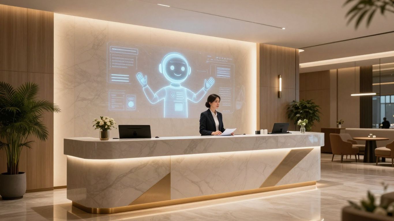 Hotel lobby with AI assistant interacting with guest.