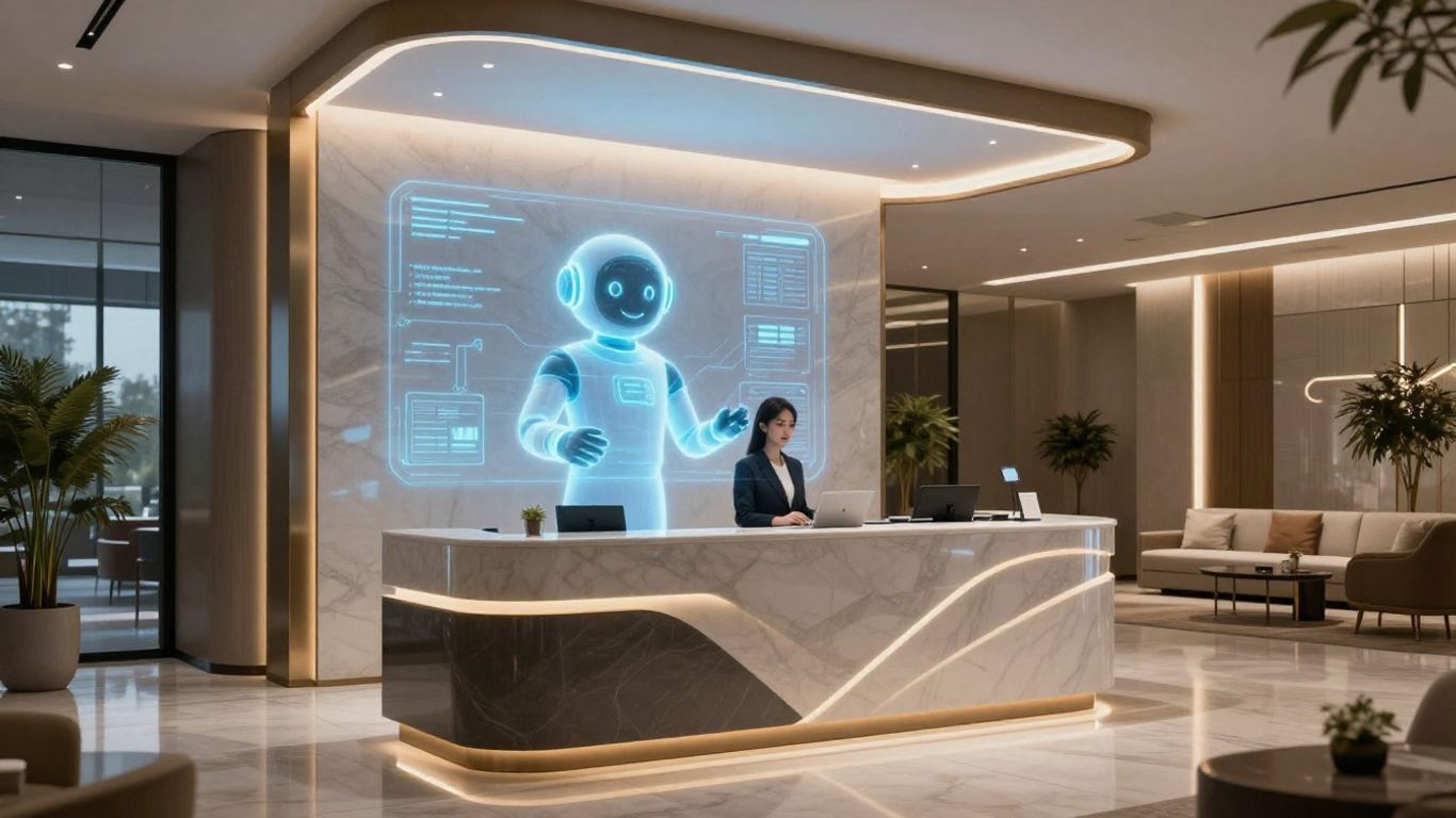 AI hotel assistant interacting with a guest in a modern lobby.