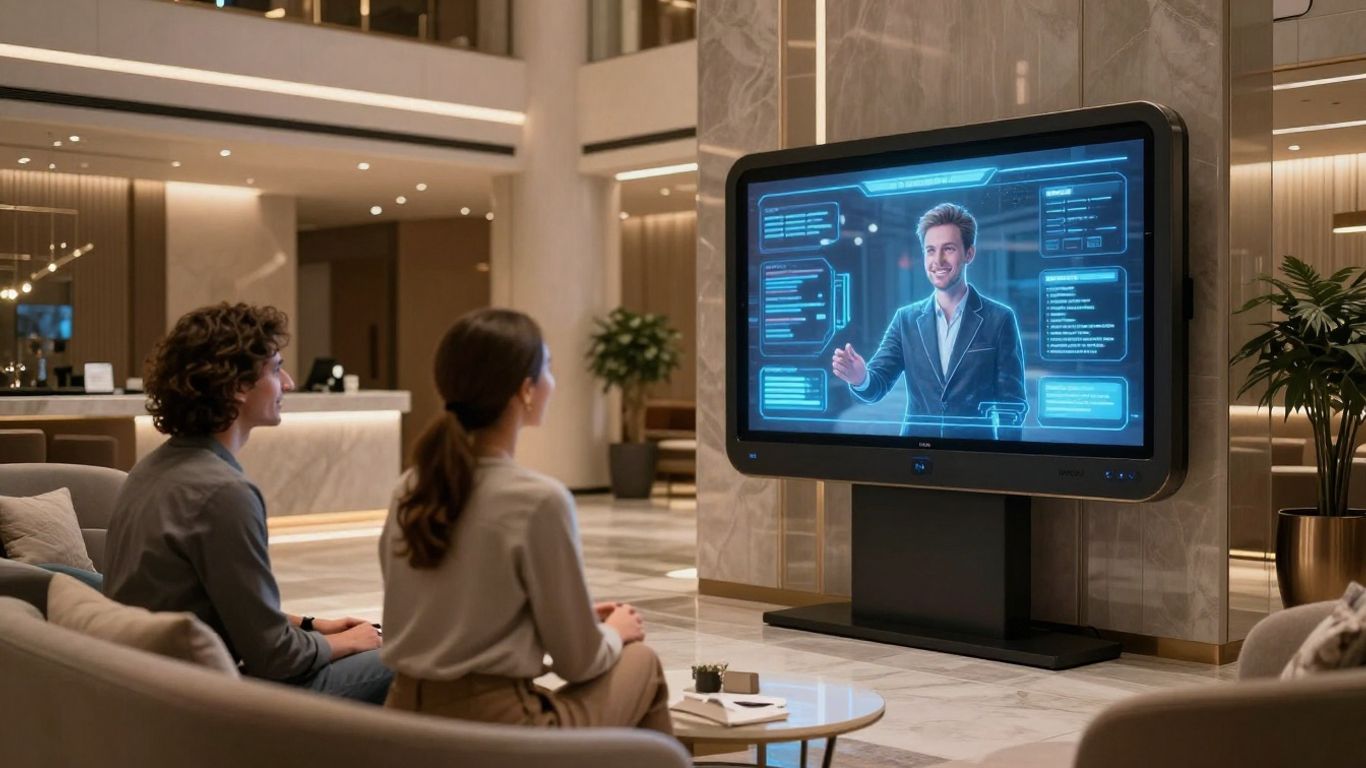 AI assistant helping a guest in a modern hotel lobby.