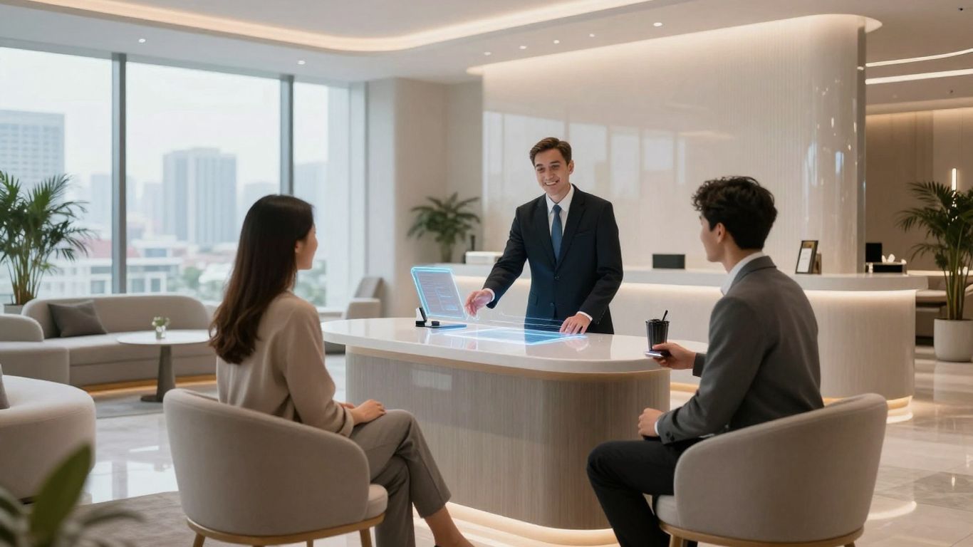 AI assistant helps guest in futuristic hotel lobby.