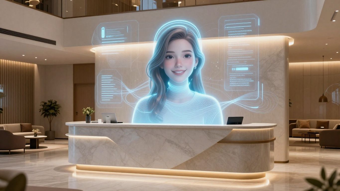 AI receptionist interface in a modern hotel lobby.