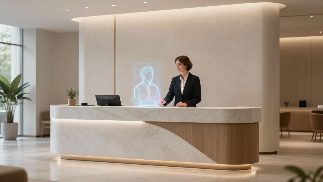 AI receptionist assisting a guest in a modern hotel lobby.