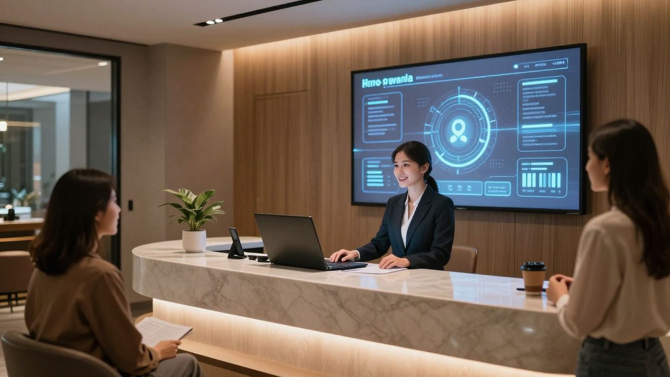 AI receptionist assisting guests in a modern hotel lobby.
