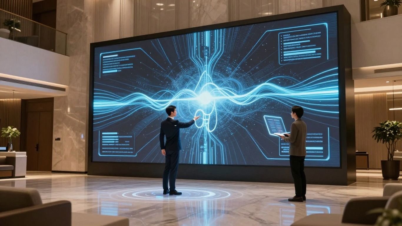 AI assistant helping a guest in a modern hotel lobby.