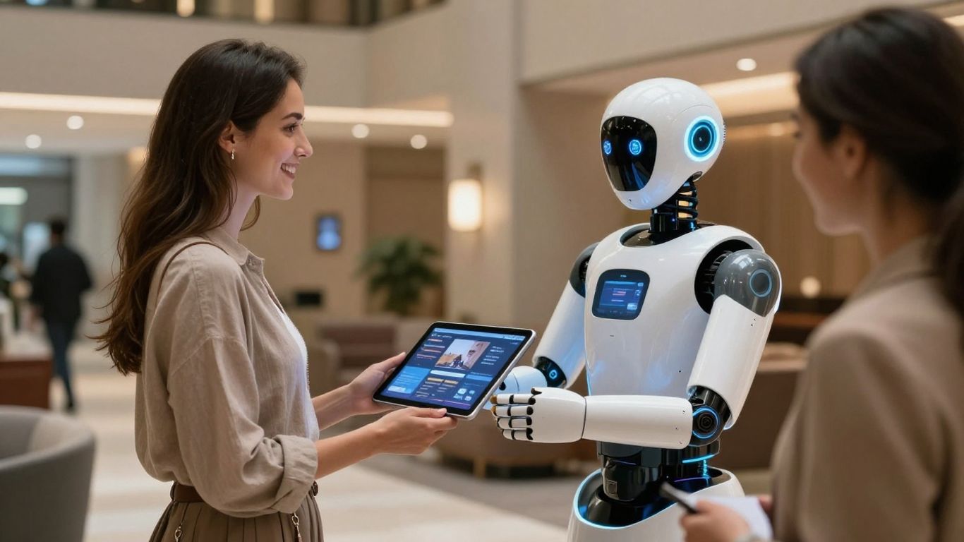 AI robot assisting a guest in a modern hotel lobby.
