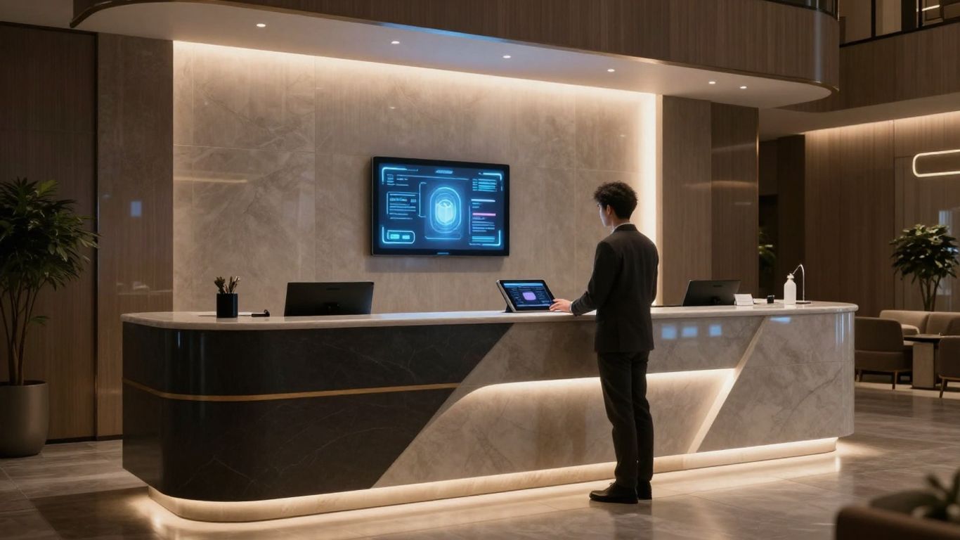 Hotel AI interface assisting a guest at reception.