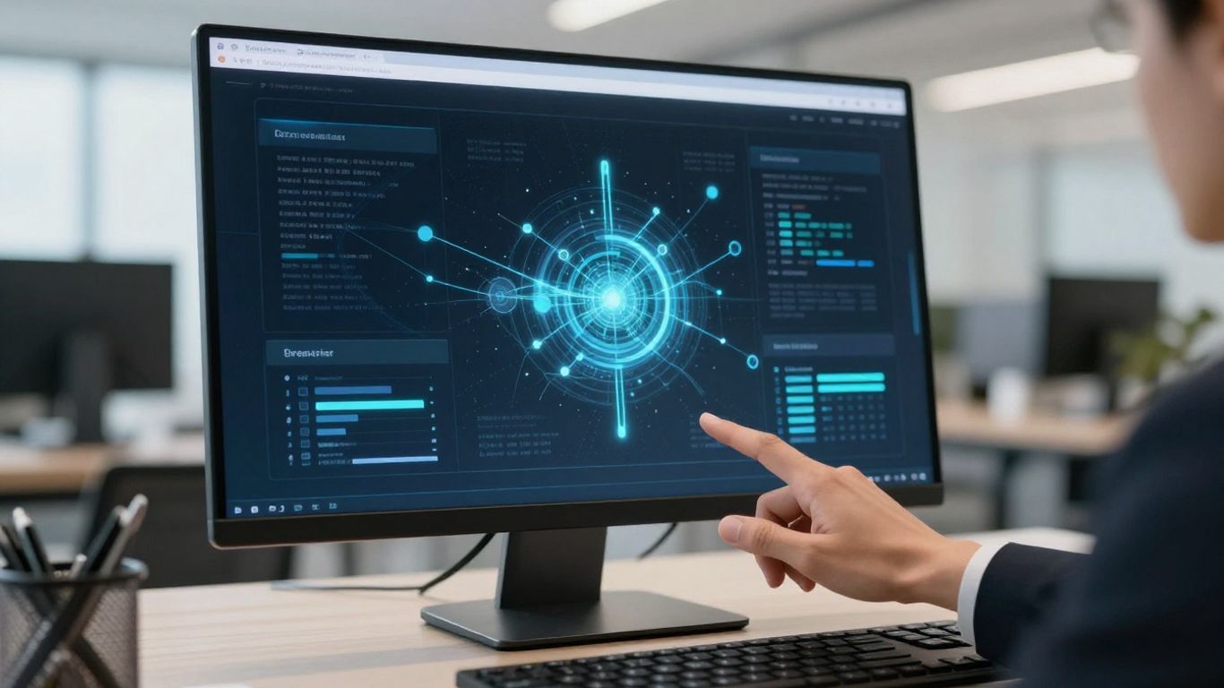 Financial advisor using advanced AI system on computer.