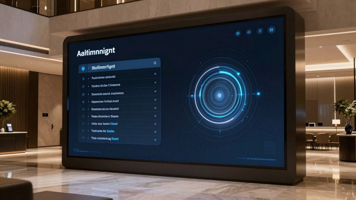 AI reservation assistant interface in a hotel lobby.
