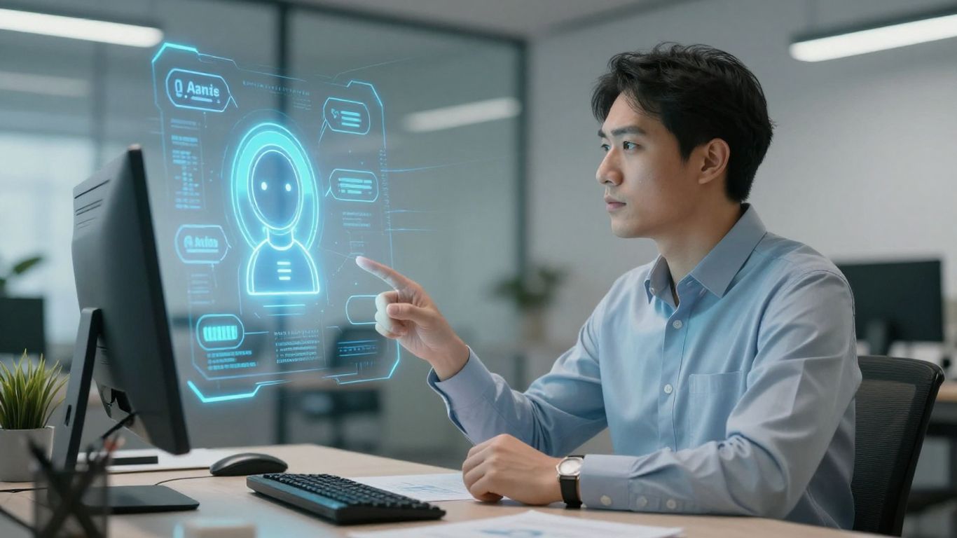 Financial advisor using AI chatbot for wealth management.