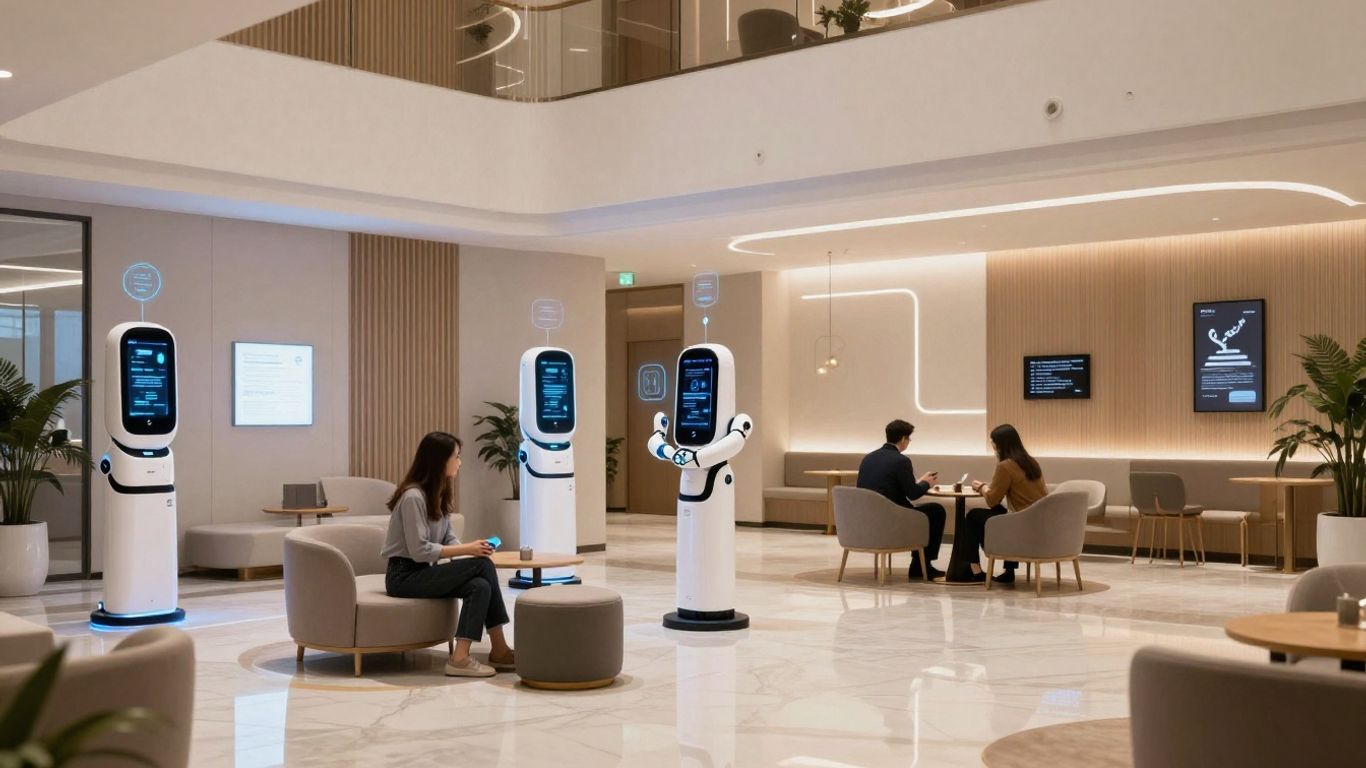Futuristic hotel lobby with AI integration.