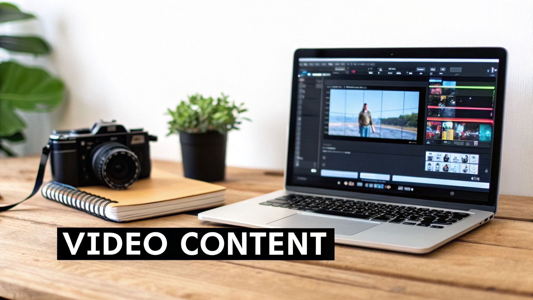 A laptop showing video editing software next to a vintage camera, notebook, and plants on a wooden desk.