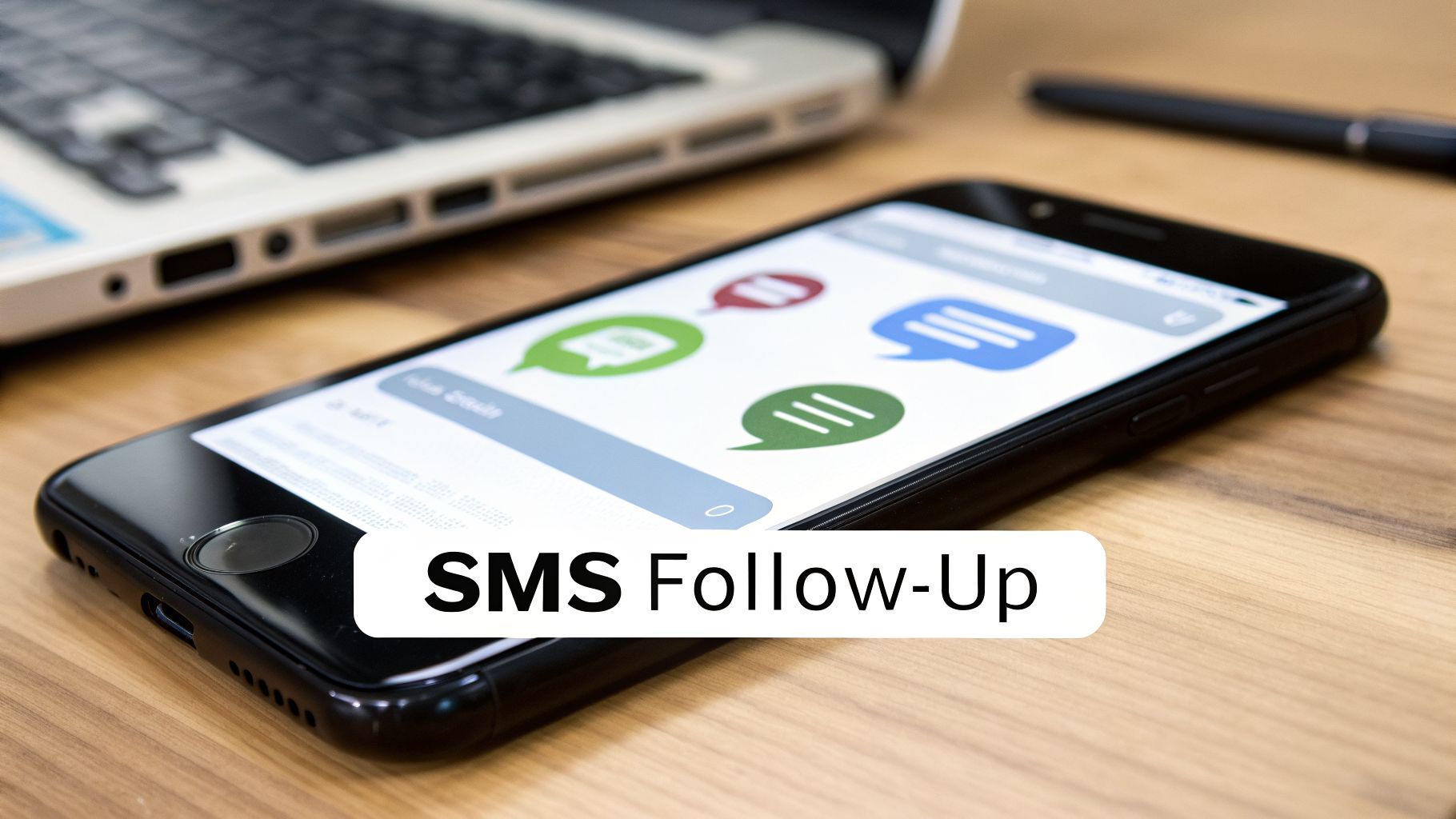 A smartphone on a wooden desk displays message icons. A laptop, pen, and "SMS Follow-Up" text are also visible.