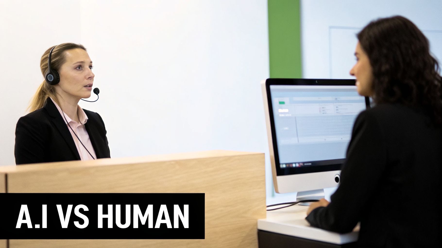 Two businesswomen, one with a headset, contrasting human customer service with AI on a computer.