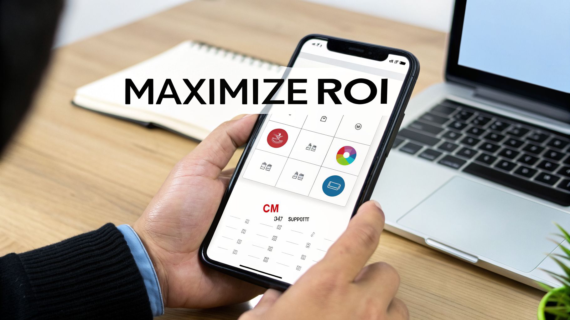Hands holding a smartphone displaying a business app with icons, overlaid with 'MAXIMIZE ROI' text.