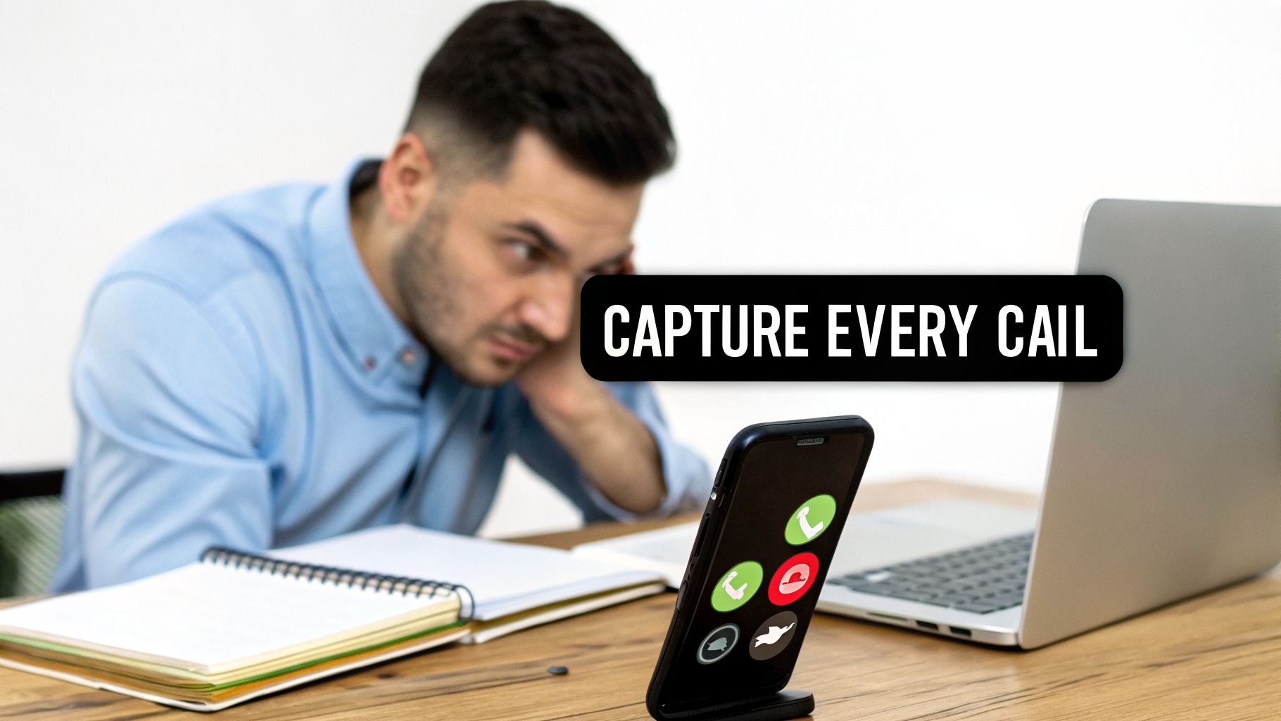 A man intently watches a smartphone showing call buttons, with a laptop and a banner reading 'CAPTURE EVERY CAIL'.
