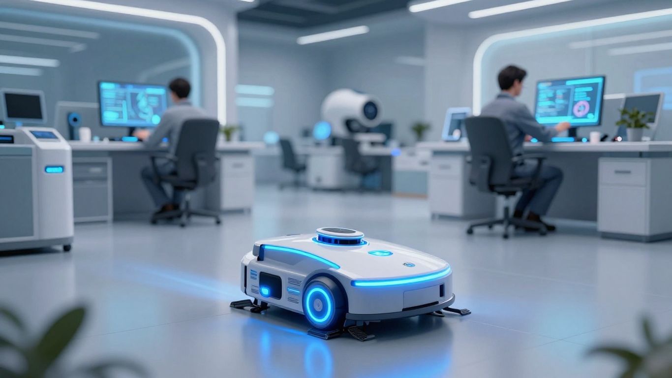 AI robot cleaning a modern, spotless room.