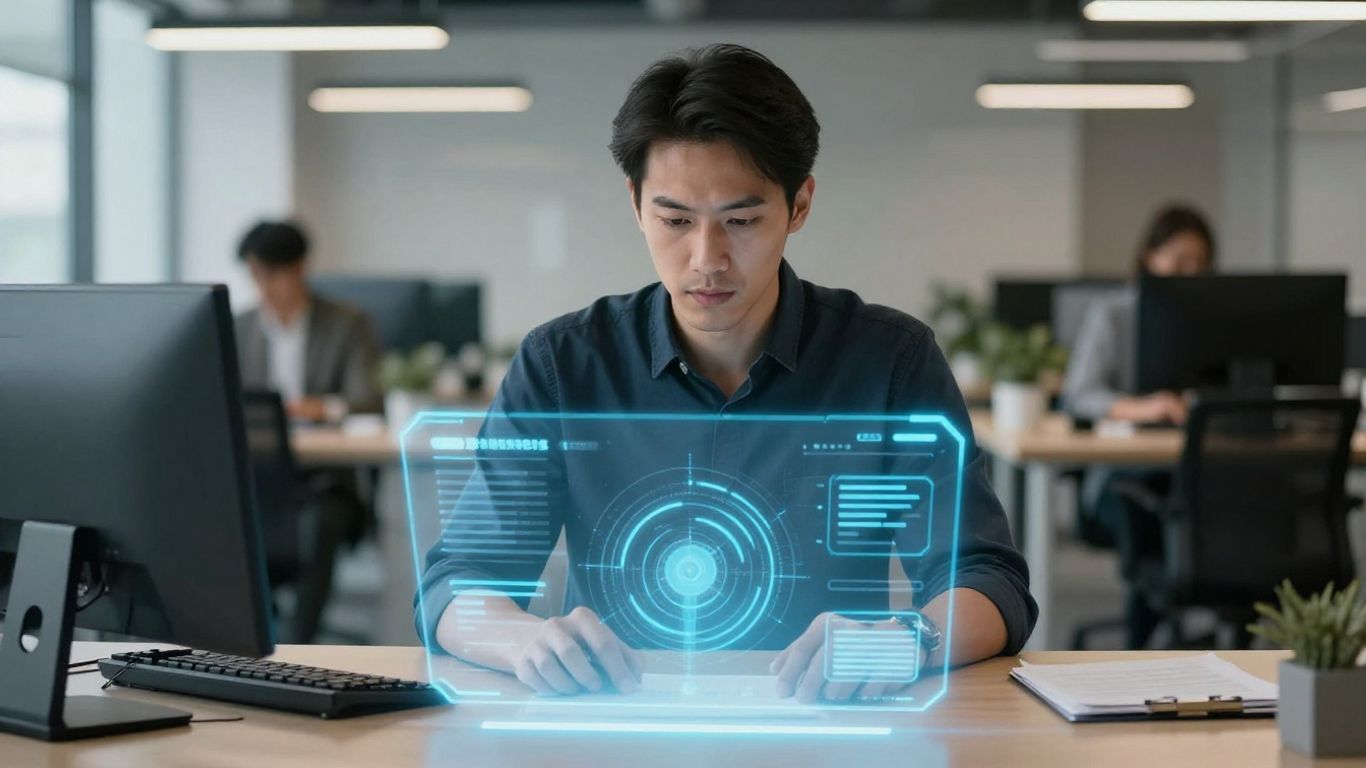 Entrepreneur using AI receptionist technology in a modern office.