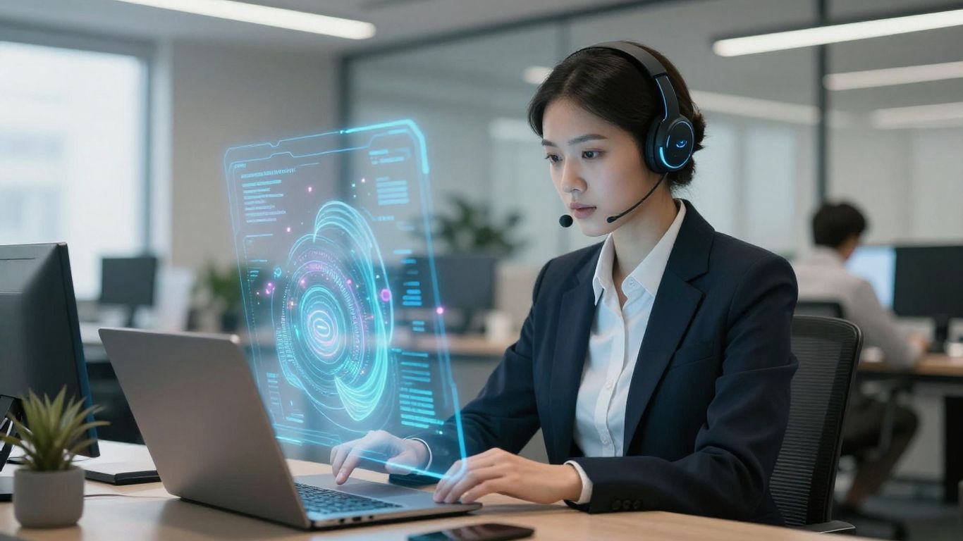 AI assistant and business professional in a futuristic office.