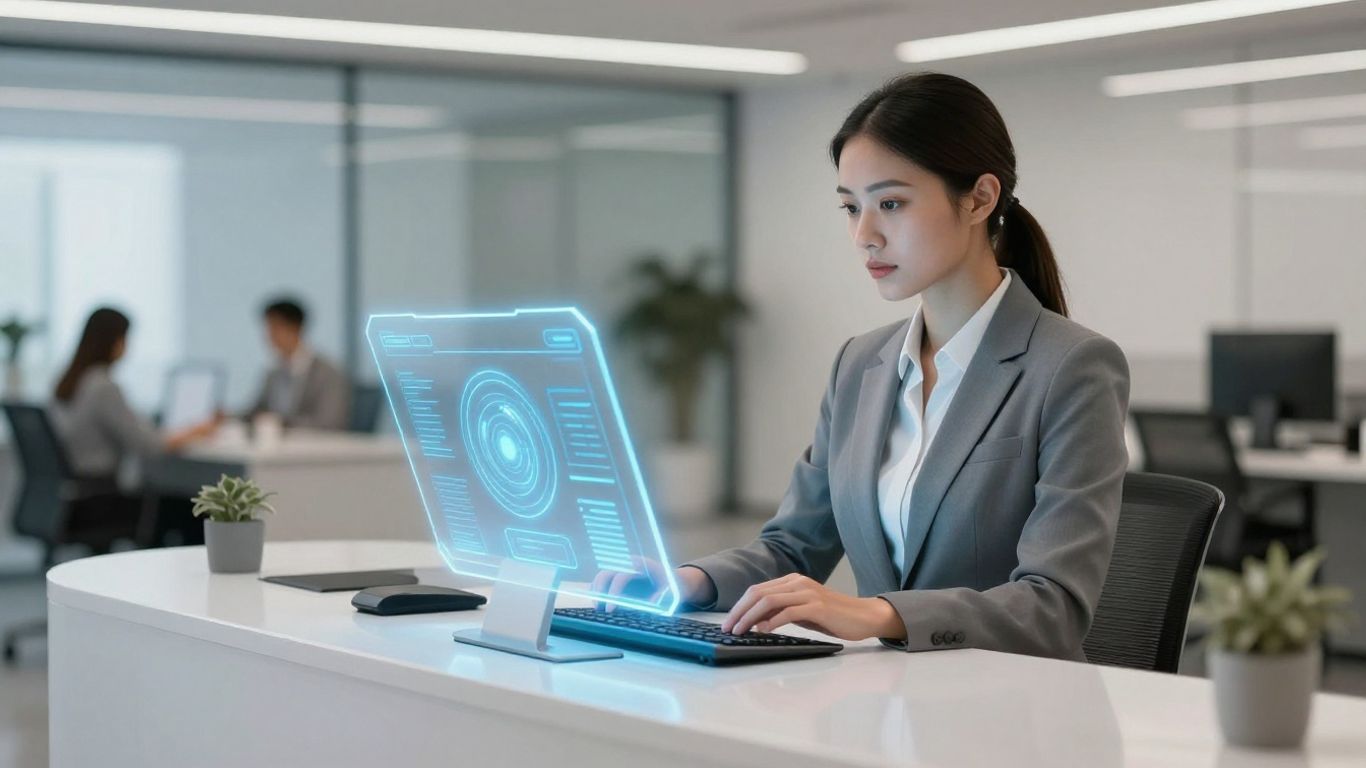 AI receptionist interface at a modern desk.