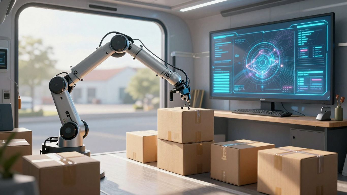 Moving truck with AI packing boxes and data streams.