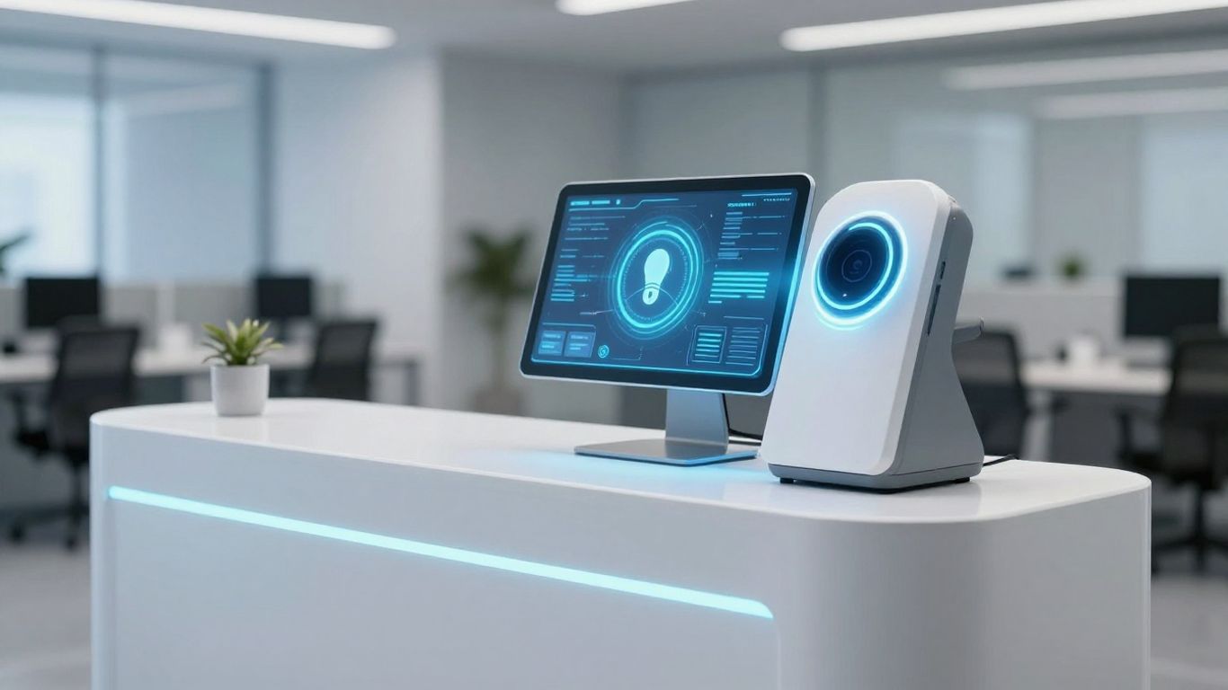 AI assistant at a futuristic reception desk.