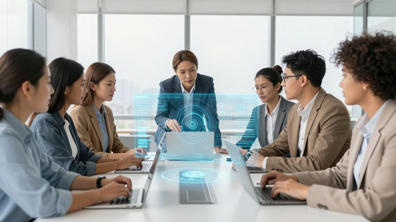 Team collaborating with AI interfaces in a modern office.