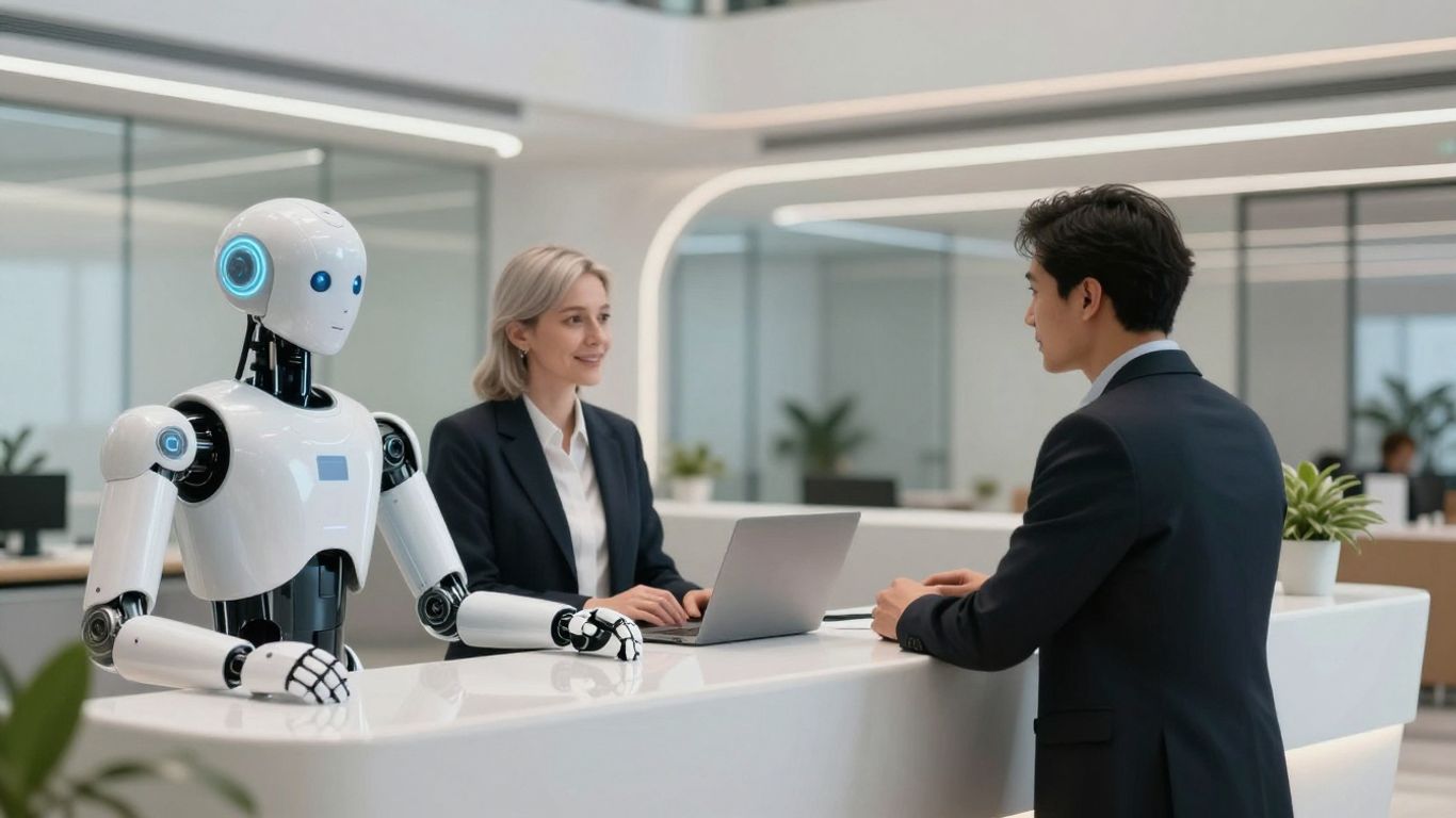 AI robot greets businessperson at modern office reception