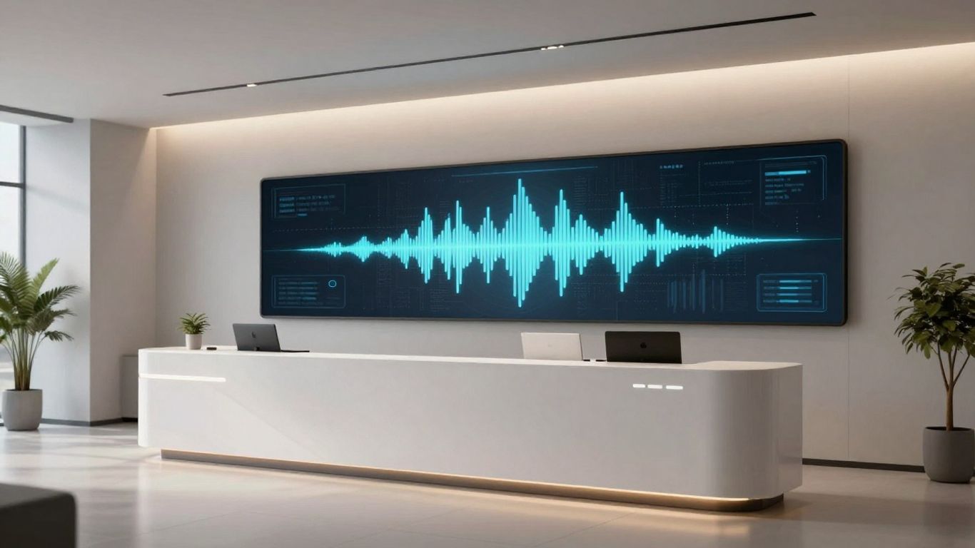 AI voice receptionist interface in a modern office.