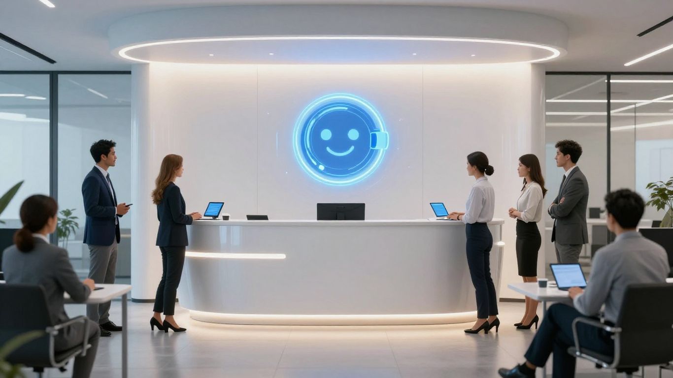 AI assistant greets business professionals in modern office