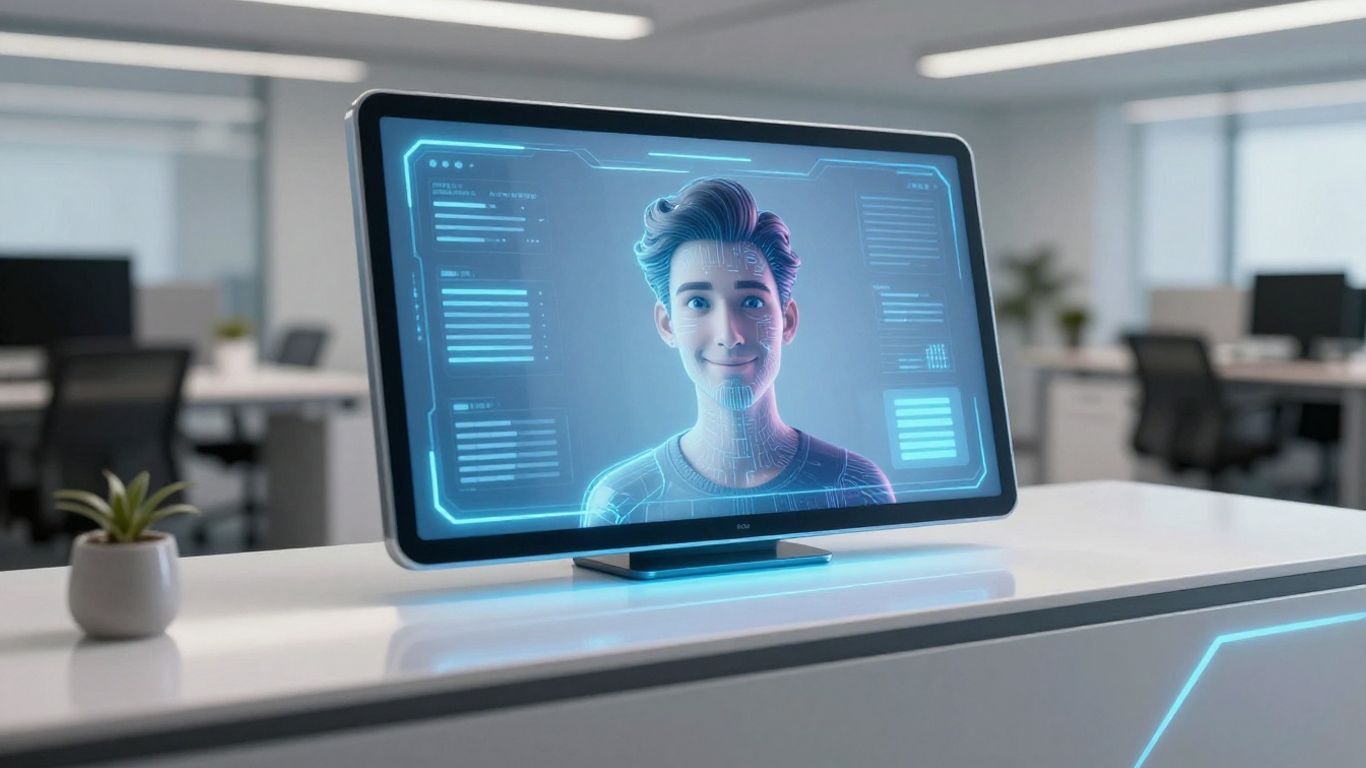 AI receptionist interface in a modern office setting.