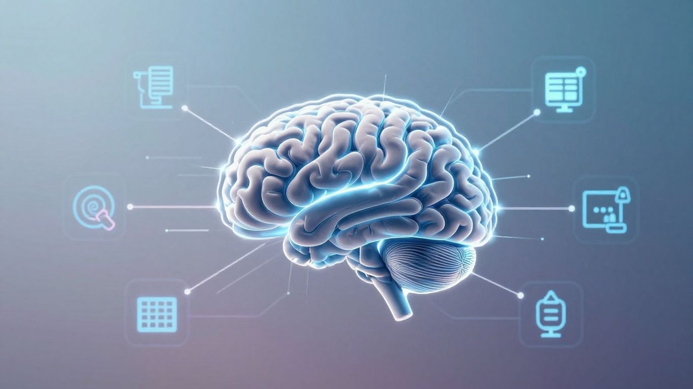 AI voice agent platform interface with glowing brain and business icons.