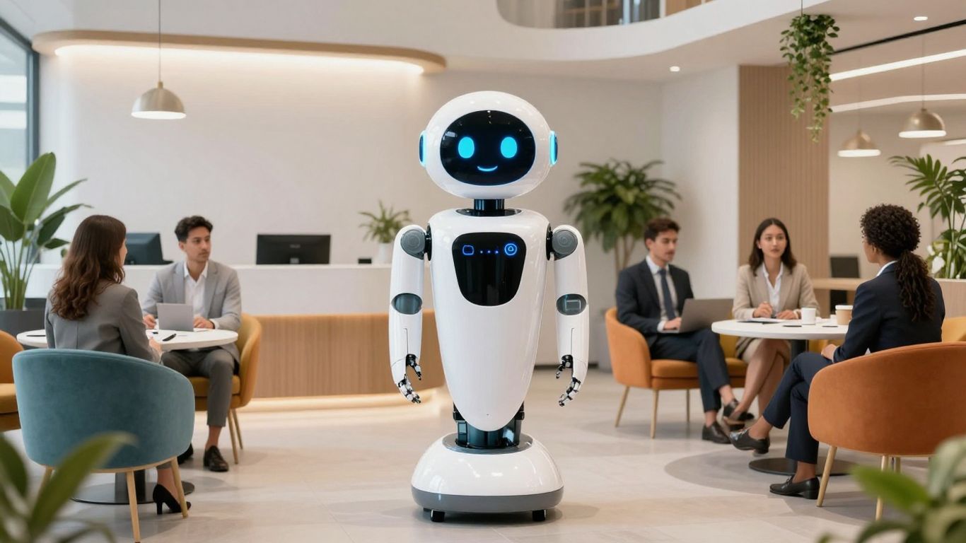 Robot receptionist greeting businesspeople in modern office lobby.
