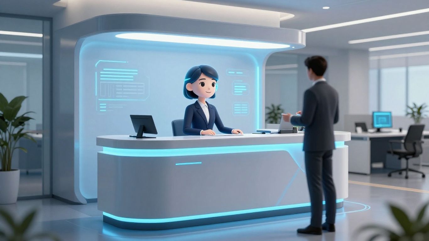 AI receptionist avatar interacting with a person in an office.