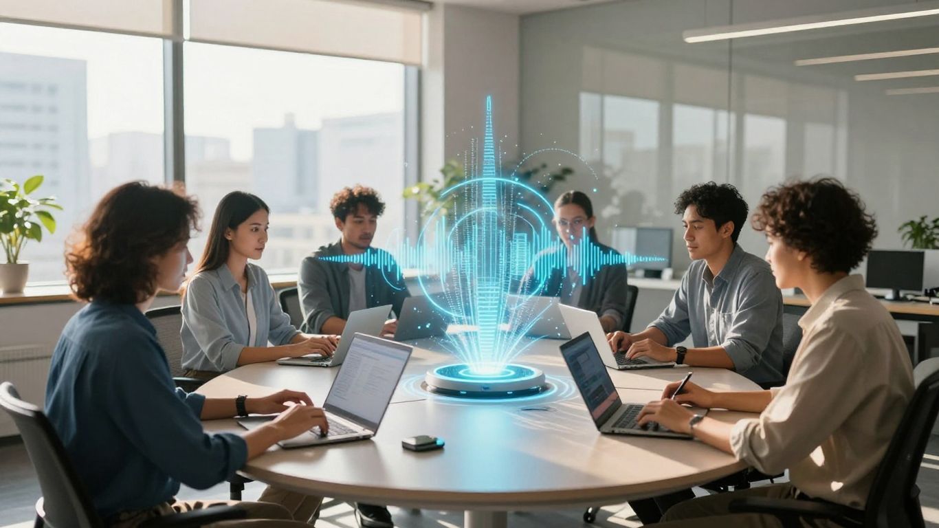 Team collaborating with voice AI technology