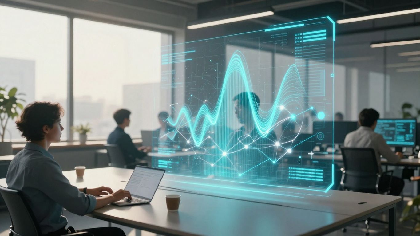 Business professionals interacting with advanced voice AI interfaces.