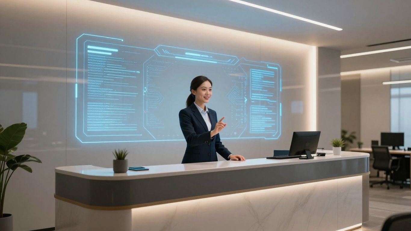 AI receptionist assisting a business visitor at a modern front desk.