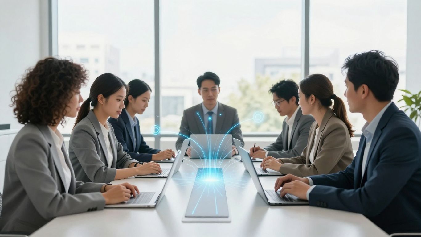 Team collaborating with futuristic voice AI technology in office.