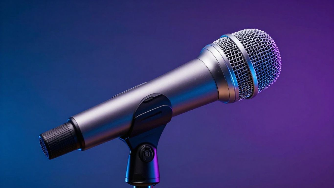 ElevenLabs microphone with blue glow in studio setting