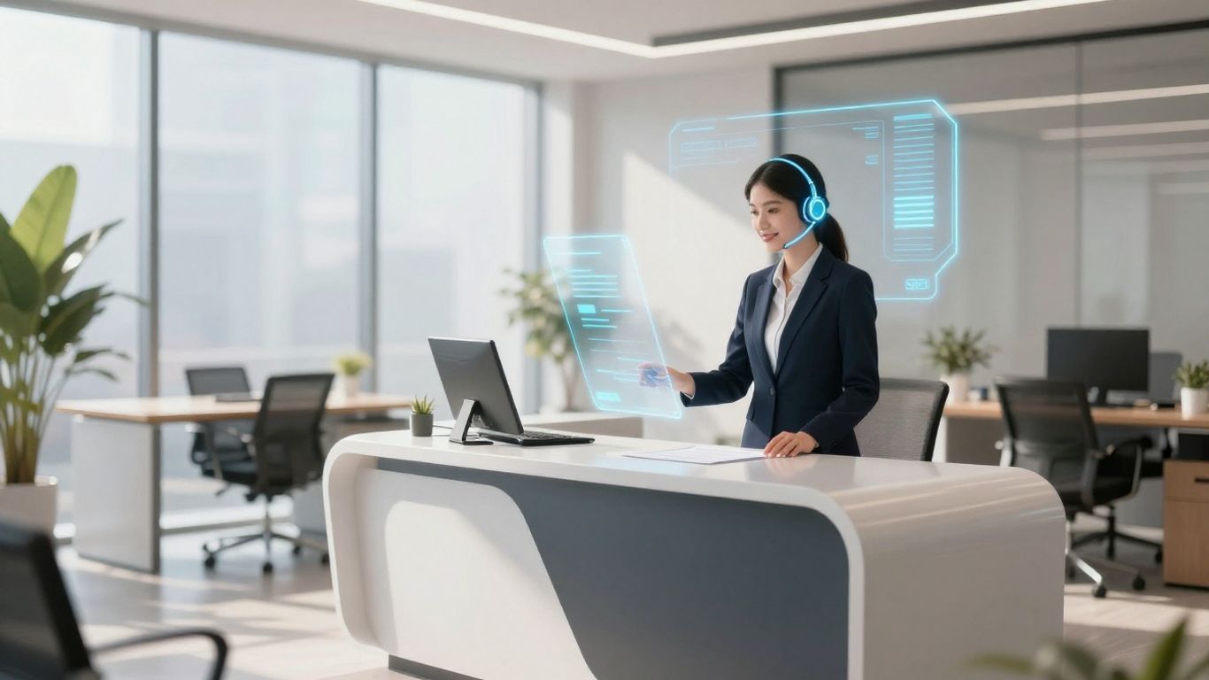 AI receptionist assisting a client at a cleaning service desk.